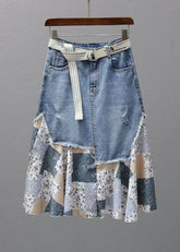 Denimblauer Patchwork-Maxirock mit hoher Taille
